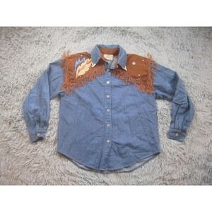 1849 Authentic Ranchwear Shirt Womens Small Blue Denim Western Fringe Suede USA